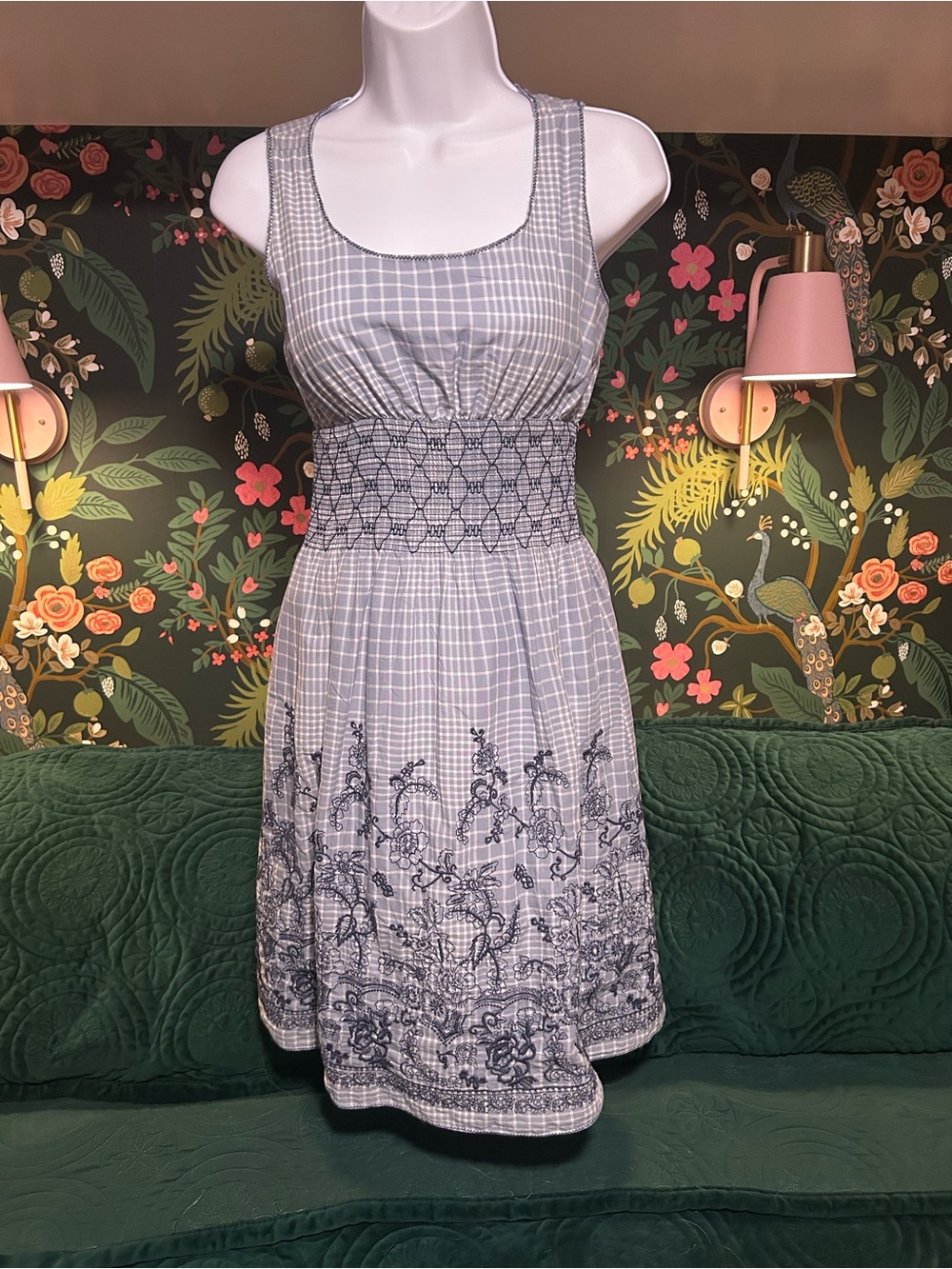 Stetson Light Blue Plaid Sleeveless Dress with Navy Embroidery